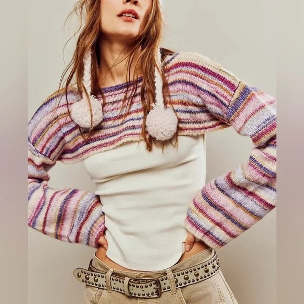 Free People Knit Bolero Multi Color Cozy Pink Purple Blue Cream